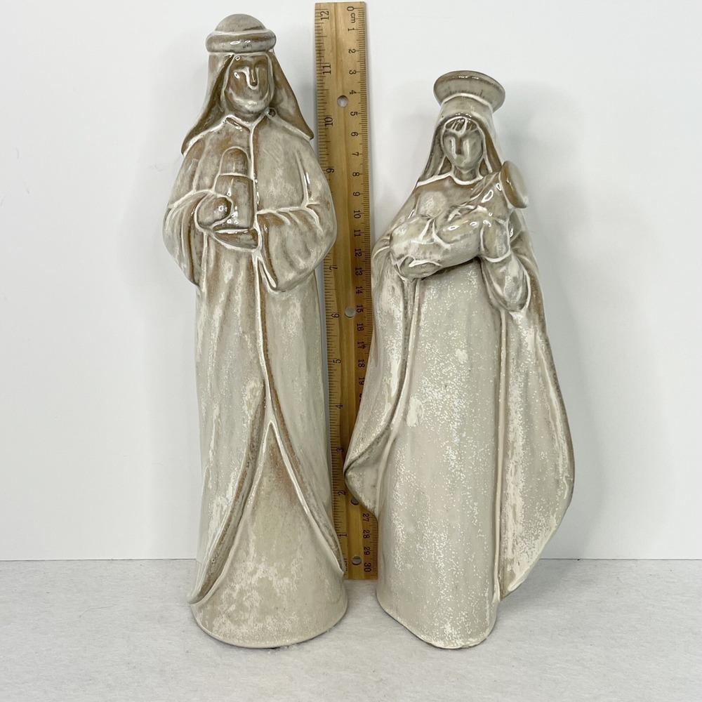 Holy Family Earthenware Glazed Clay Nativity Figurines Set Of 2 Vintage - Picture 14 of 14